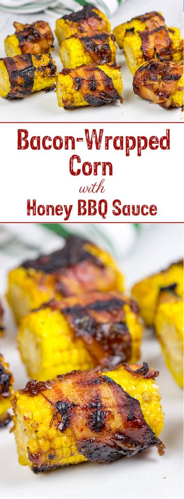 Hunting for a fun side dish for summer grilling? This Bacon Wrapped Corn with Honey BBQ Sauce is a winner!