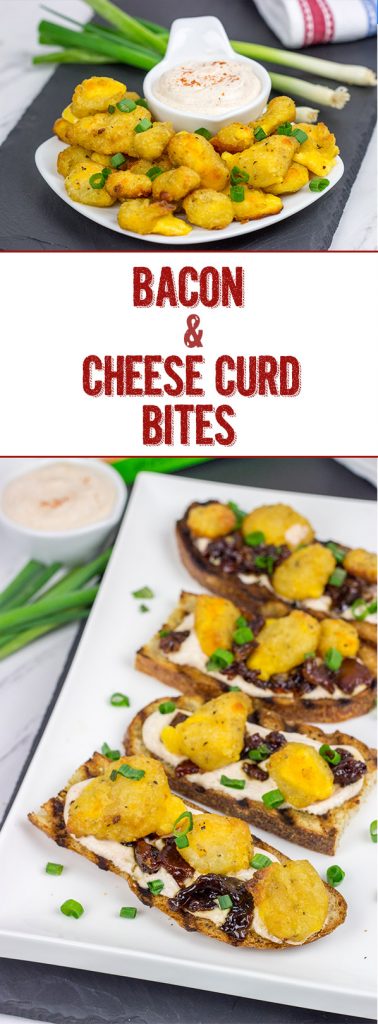 These Bacon and Cheddar Cheese Curd Bites make for a delicious appetizer...especially while watching sports! And the smoky ranch dressing? It's tasty enough to be a dip all by itself!