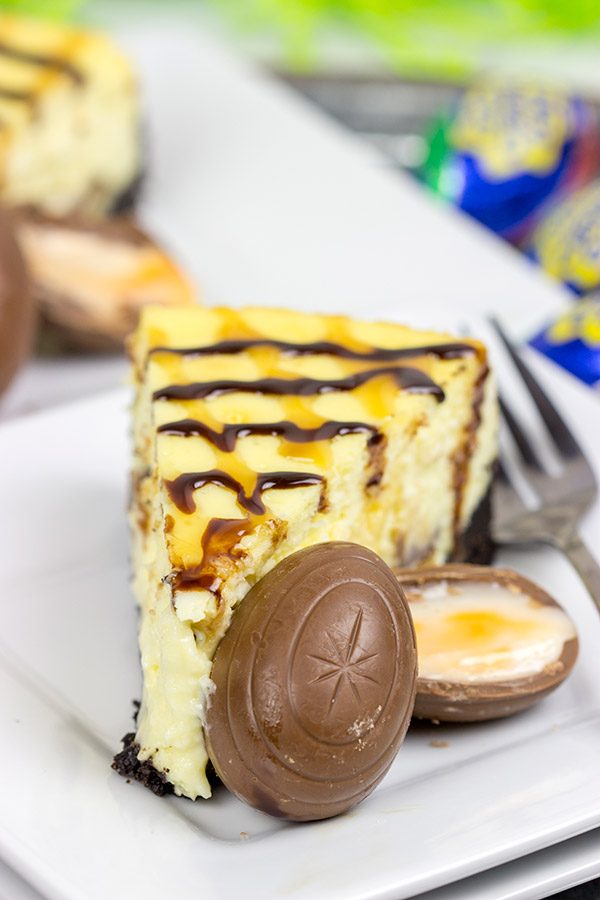 Get into the Easter spirit with a slice of this Cadbury Creme Egg Cheesecake!  It's a dessert that everybunny will enjoy!