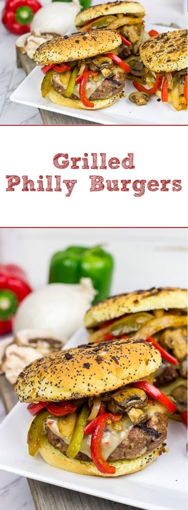 These Grilled Philly Burgers start with a tasty backyard burger and then get topped with BBQ-glazed onions, peppers and mushrooms!