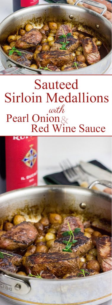 Too cold to pull out the grill? These Sauteed Sirloin Medallions with Pearl Onion Red Wine Sauce are surprisingly easy to make on the stovetop!