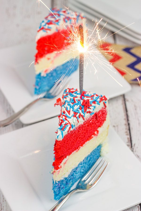 Celebrate summer and the 4th of July with a slice of this Red White and Blue Cheesecake Cake!