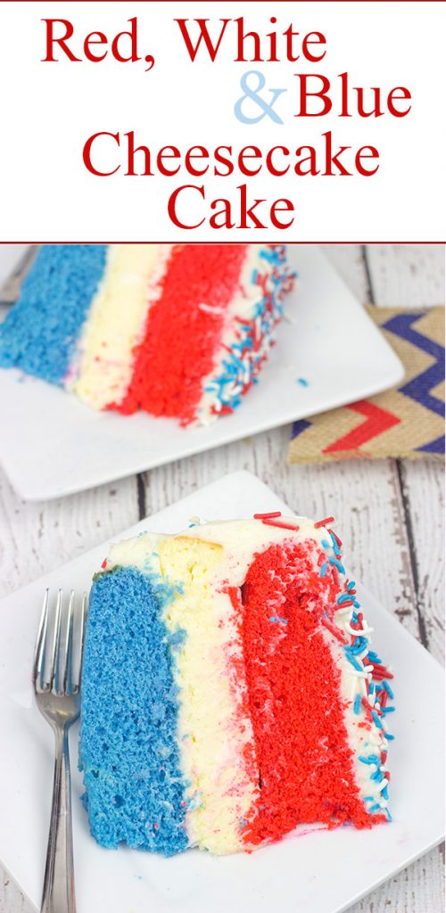 Celebrate summer and the 4th of July with a slice of this Red White and Blue Cheesecake Cake!