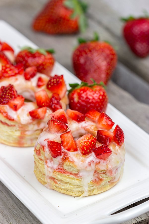 Featuring layers upon layers of flaky goodness, these Strawberry Puff Pastry Donuts are a tasty way to celebrate fresh summer strawberries!