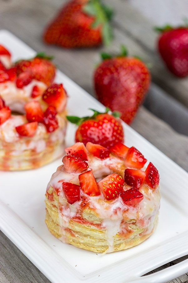 Featuring layers upon layers of flaky goodness, these Strawberry Puff Pastry Donuts are a tasty way to celebrate fresh summer strawberries!