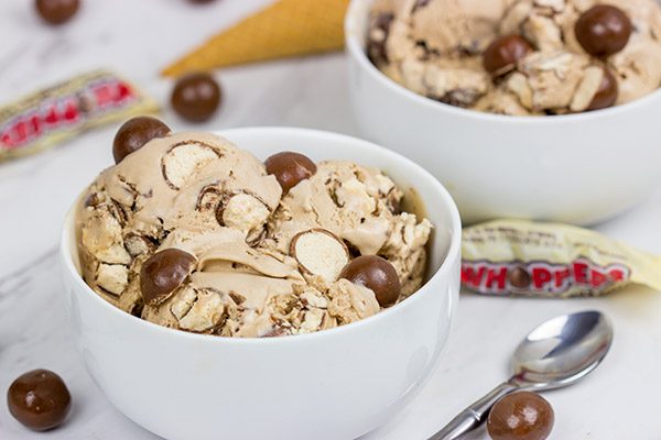 This Malted Milk Ice Cream is chocolaty, creamy and delicious...and it's packed with chopped Whoppers!  Grab a bowl and relax!