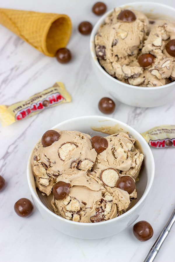 This Malted Milk Ice Cream is chocolaty, creamy and delicious...and it's packed with chopped Whoppers!  Grab a bowl and relax!