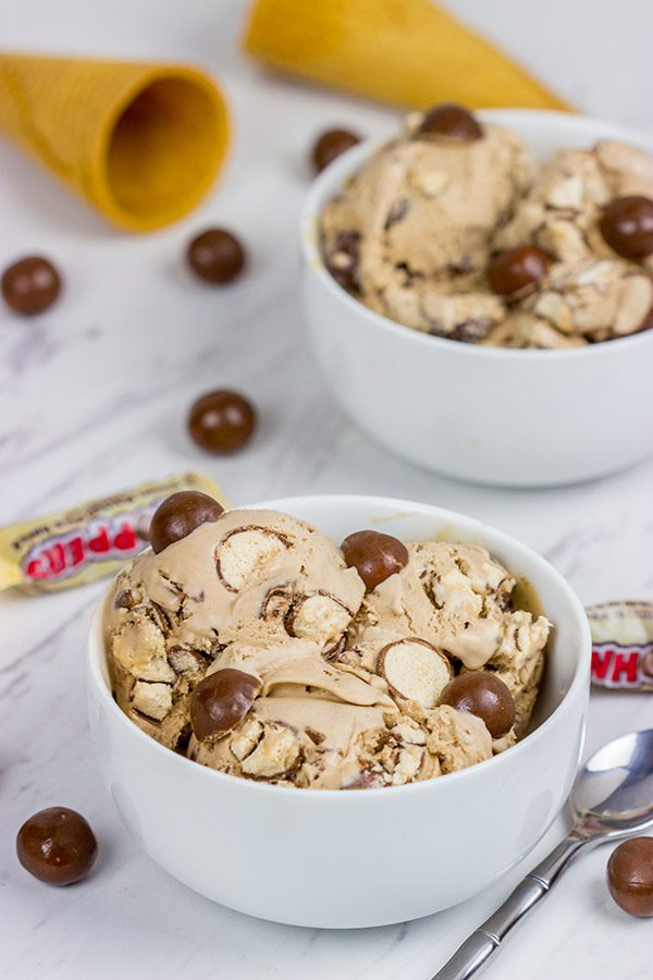 This Malted Milk Ice Cream is chocolaty, creamy and delicious...and it's packed with chopped Whoppers!  Grab a bowl and relax!