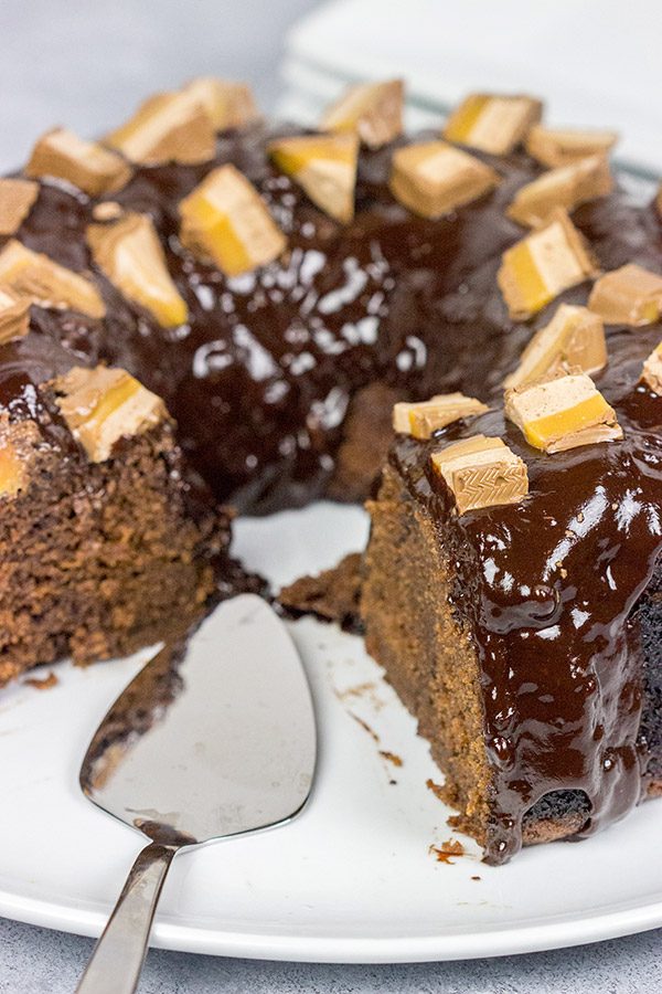 This Milky Way Bundt Cake features Milky Way candy bars baked in the cake and sprinkled on top.  It's the perfect dessert for the chocolate lover in your life!