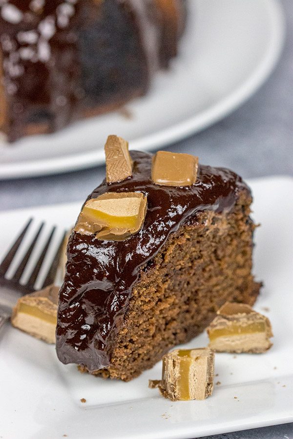 This Milky Way Bundt Cake features Milky Way candy bars baked in the cake and sprinkled on top.  It's the perfect dessert for the chocolate lover in your life!
