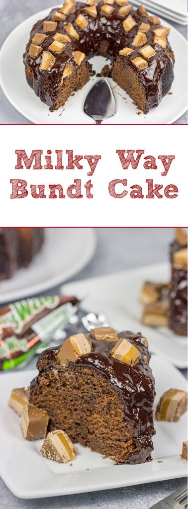 This Milky Way Bundt Cake features Milky Way candy bars baked in the cake and sprinkled on top. It's the perfect dessert for the chocolate lover in your life!