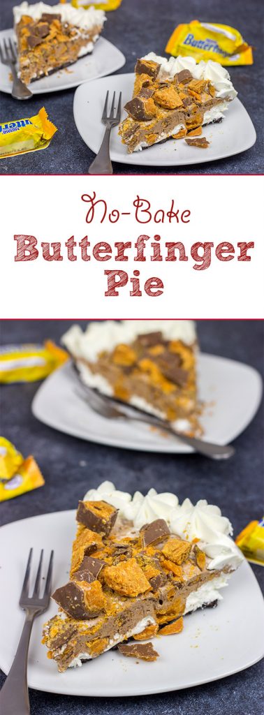 Featuring chopped Butterfinger bars both in and on top, this frozen No Bake Butterfinger Pie is a tasty dessert for a hot summer day!