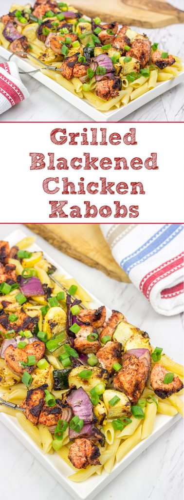 Served over pasta with a bit of grated Parmesan cheese, these Grilled Blackened Chicken Kabobs make for a tasty summer meal!