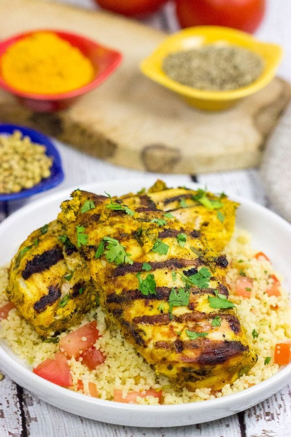This Grilled Moroccan Chicken starts with an tasty yogurt-based marinade.  Add in the flavor of the grill, and you've got a delicious (and easy) dinner!