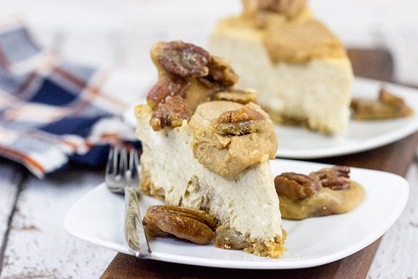 Looking for a delicious Fall dessert?  This Maple Cheesecake with Pecan Pralines is packed with maple flavor, and it's perfect for a chilly Autumn evening!
