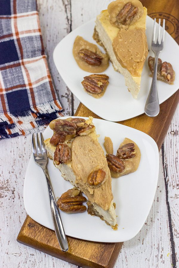 Looking for a delicious Fall dessert?  This Maple Cheesecake with Pecan Pralines is packed with maple flavor, and it's perfect for a chilly Autumn evening!