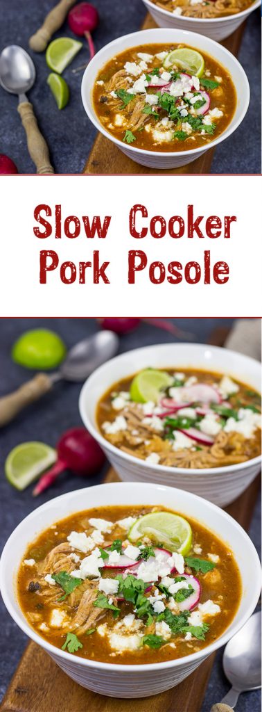 Slow Cooker Pork Posole is an easy dish to make on chilly Fall and Winter days.  It's packed with shredded pork and traditional Mexican flavors for a hearty and delicious meal!