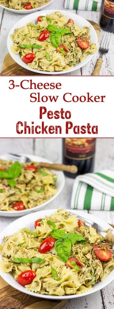 This 3-Cheese Slow Cooker Pesto Chicken Pasta is cheesy and delicious...and it's sure to keep you warm on these chilly nights!