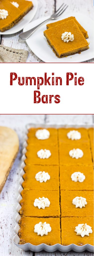 These Pumpkin Pie Bars feature a gingersnap cookie base, and they're the perfect sweet treat for Thanksgiving and holiday parties!