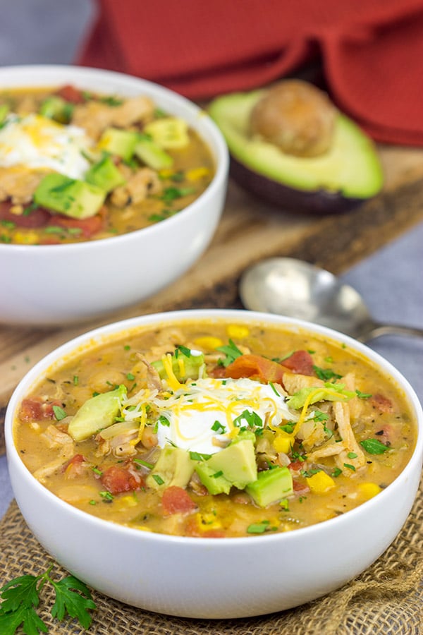 This White Bean Turkey Chili is an easy and tasty way to use leftover roasted turkey from the holidays!  And this chili only takes about 30 minutes to make, too!