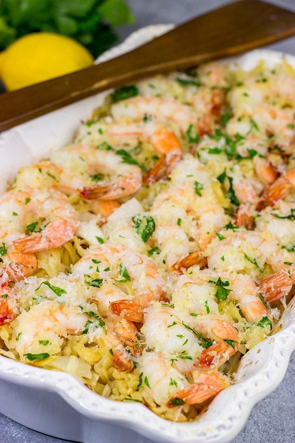 No need to pull out multiple pots and pans for this Baked Shrimp Scampi.  The entire dish is baked in the oven!