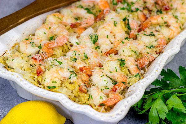 No need to pull out multiple pots and pans for this Baked Shrimp Scampi.  The entire dish is baked in the oven!
