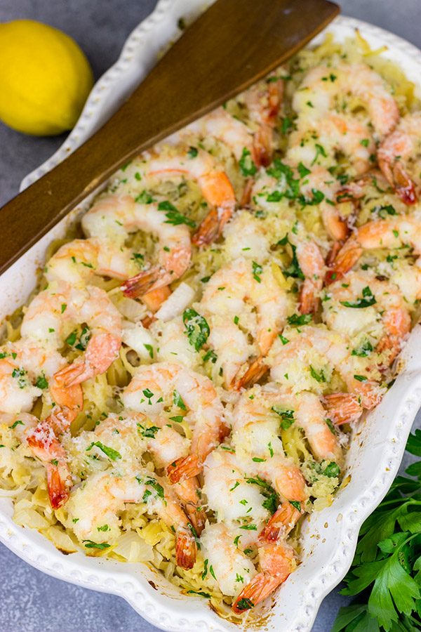 No need to pull out multiple pots and pans for this Baked Shrimp Scampi.  The entire dish is baked in the oven!