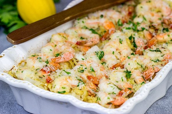 No need to pull out multiple pots and pans for this Baked Shrimp Scampi.  The entire dish is baked in the oven!