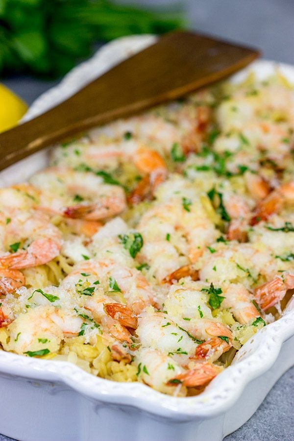 No need to pull out multiple pots and pans for this Baked Shrimp Scampi.  The entire dish is baked in the oven!