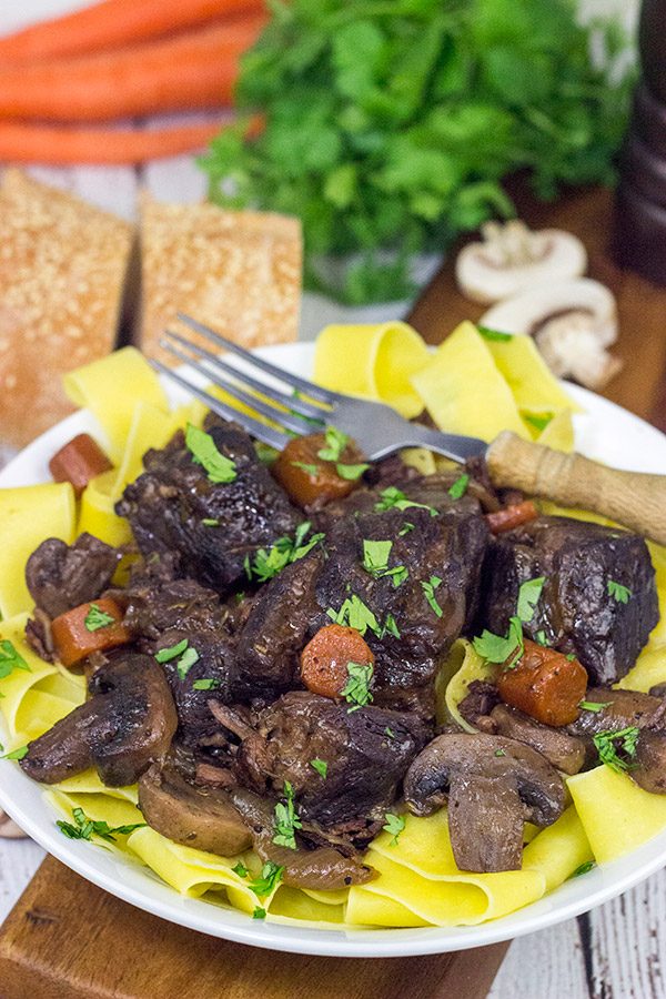Beef Bourguignon is a classic winter dish that simmers in red wine on low temperature for several hours.  It's a delicious meal that's sure to warm you up on these chilly days.