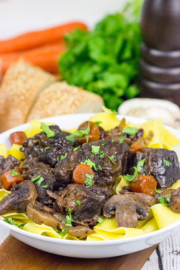Beef Bourguignon is a classic winter dish that simmers in red wine on low temperature for several hours.  It's a delicious meal that's sure to warm you up on these chilly days.