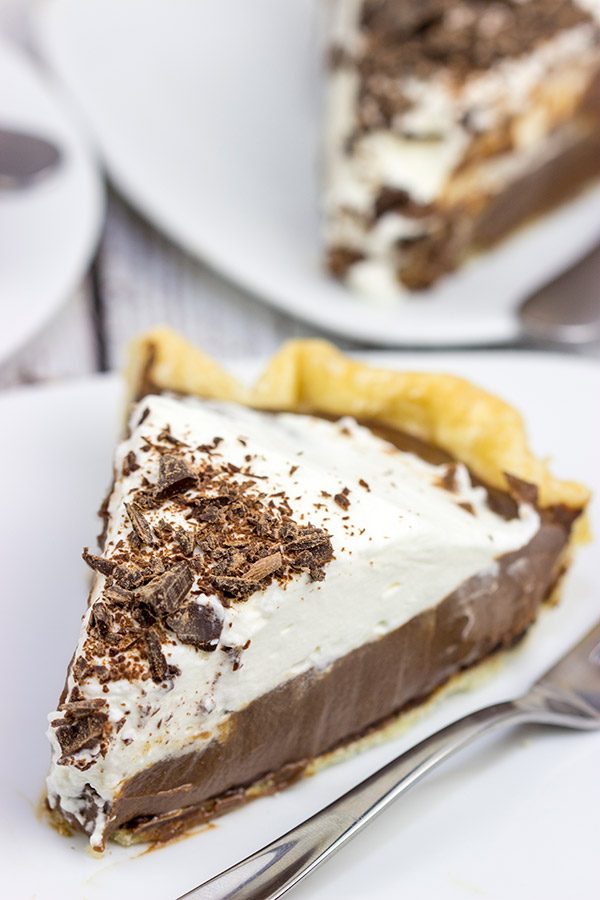 This classic Chocolate Cream Pie recipe features a silky smooth chocolate filling topped with creamy whipped cream.  Sprinkle some shaved chocolate on top, and you've got a delicious dessert to share!