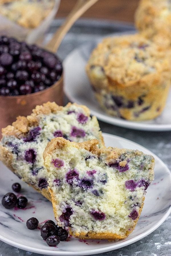 Blueberry Streusel Muffins are a classic weekend breakfast in our house.  These muffins are filled with blueberries and topped with a cinnamon + sugar streusel...and they're delicious!