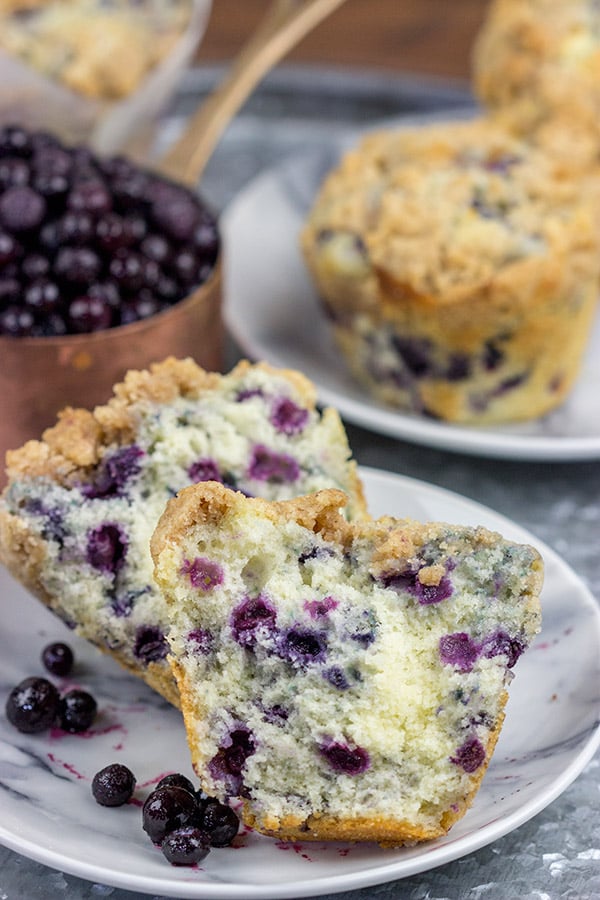 Blueberry Streusel Muffins are a classic weekend breakfast in our house. These muffins are filled with blueberries and topped with a cinnamon + sugar streusel...and they're delicious!