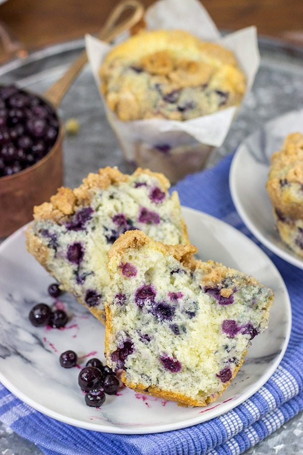 Blueberry Streusel Muffins are a classic weekend breakfast in our house.  These muffins are filled with blueberries and topped with a cinnamon + sugar streusel...and they're delicious!