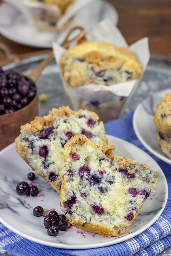 Blueberry Streusel Muffins are a classic weekend breakfast in our house.  These muffins are filled with blueberries and topped with a cinnamon + sugar streusel...and they're delicious!