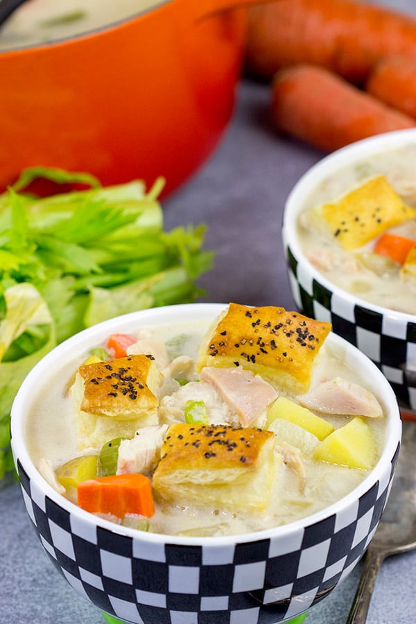 Light a fire.  Put on your favorite pajamas.  And then curl up with a bowl of this Chicken Pot Pie Soup!