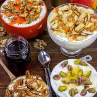 How do you top your yogurt? We love topping our Greek Yogurt with Nuts, Honey and Maple Syrup. Mix and match the flavors for fun twists!