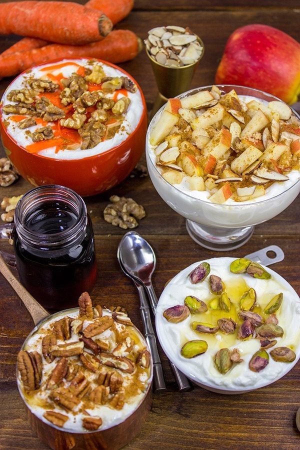 How do you top your yogurt?  We love topping our Greek Yogurt with Nuts, Honey and Maple Syrup.  Mix and match the flavors for fun twists!