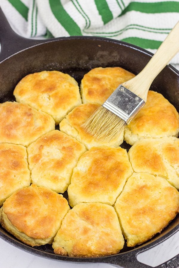 Cast Iron Buttermilk Biscuits brushed with butter