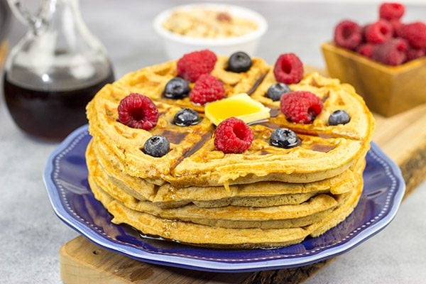 Packed with peanuts and peanut powder, these Peanut Waffles are a delicious way to mix up weekend breakfasts!