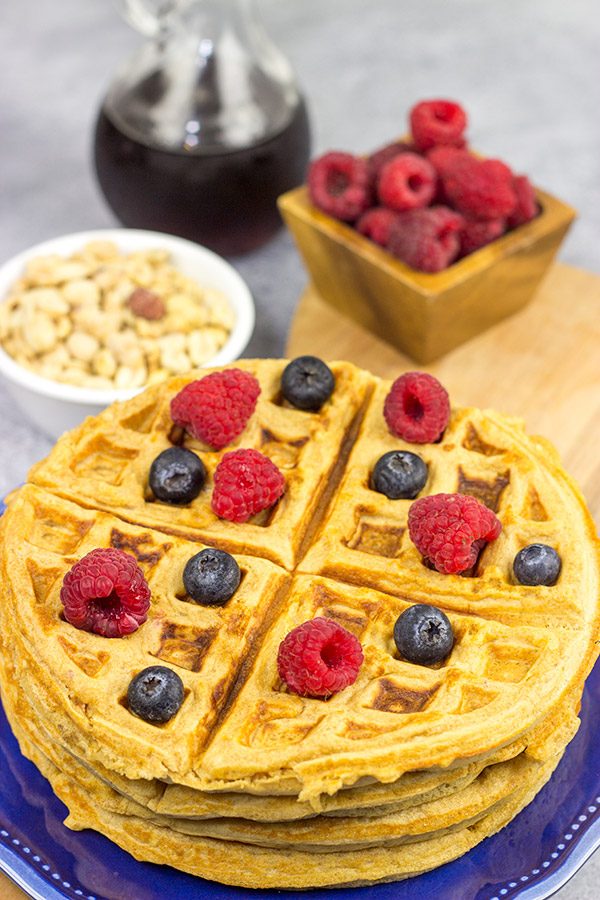 Packed with peanuts and peanut powder, these Peanut Waffles are a delicious way to mix up weekend breakfasts!