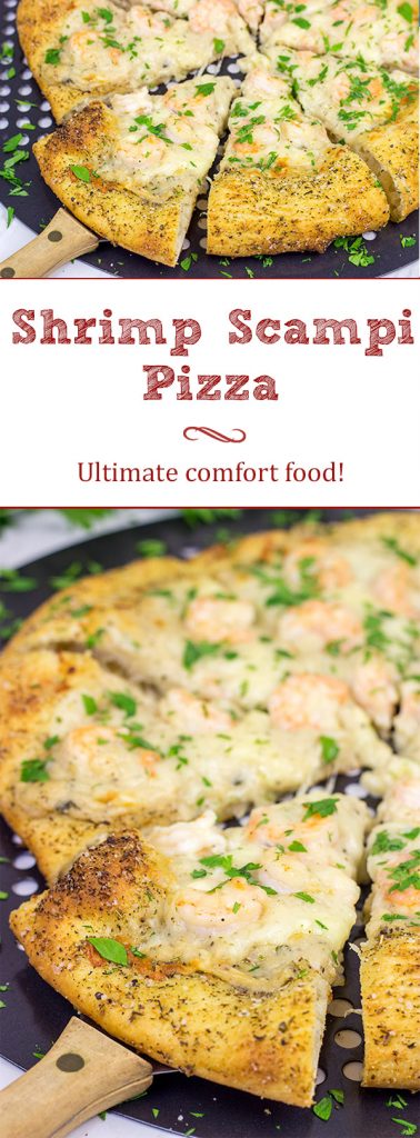 This Shrimp Scampi Pizza is mouth-watering football food!  Perfectly cooked shrimp combined with a flavorful garlic white sauce make this pizza a tasty option for the big game!