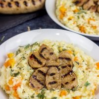 Shake off the cold weather with a batch of this Butternut Squash Risotto with Sweet Apple Chicken Sausage!