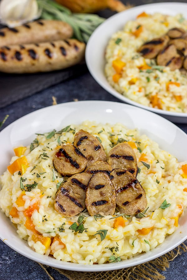 Shake off the cold weather with a batch of this Butternut Squash Risotto with Sweet Apple Chicken Sausage!