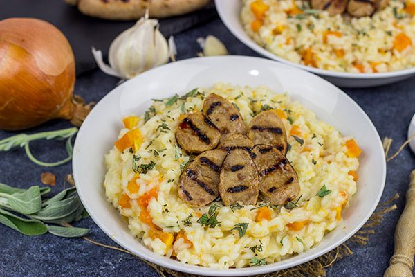 Shake off the cold weather with a batch of this Butternut Squash Risotto with Sweet Apple Chicken Sausage!