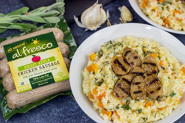Shake off the cold weather with a batch of this Butternut Squash Risotto with Sweet Apple Chicken Sausage!