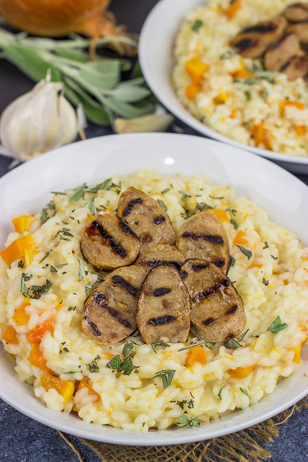 Shake off the cold weather with a batch of this Butternut Squash Risotto with Sweet Apple Chicken Sausage!
