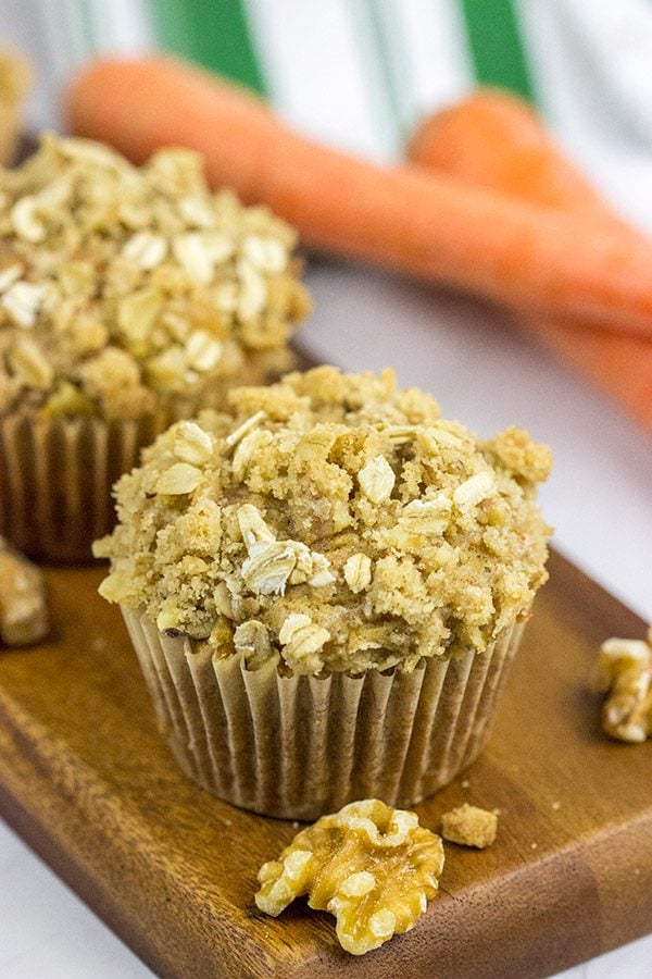 Topped with a brown sugar and walnut streusel, these Carrot Cake Muffins are a delicious way to start a weekend morning!