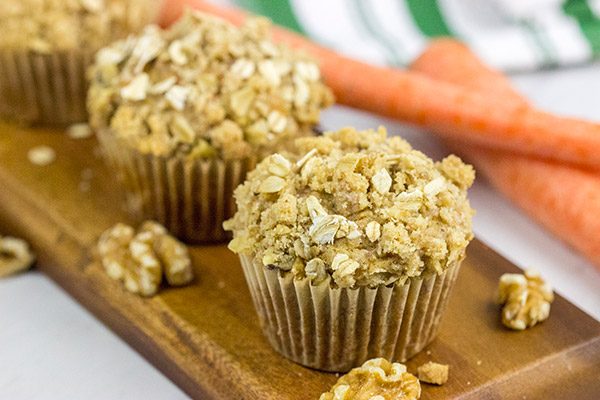 Topped with a brown sugar and walnut streusel, these Carrot Cake Muffins are a delicious way to start a weekend morning!